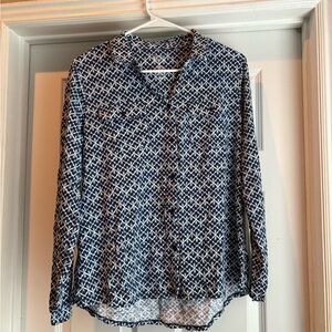 Croft & Barrow Blue and White Long Sleeve Notched Collar Blouse - Large